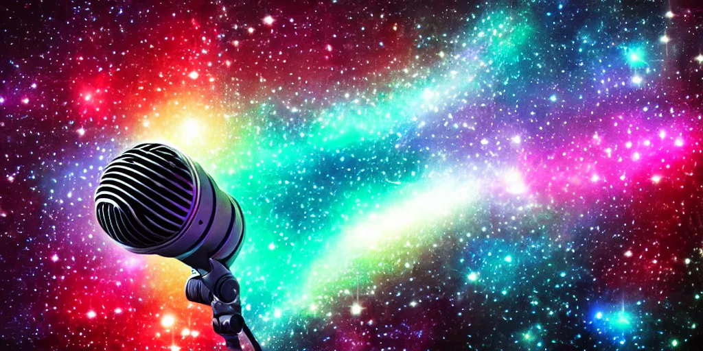 Image similar to Microphone, space, galaxy, glow, neon, closeup,