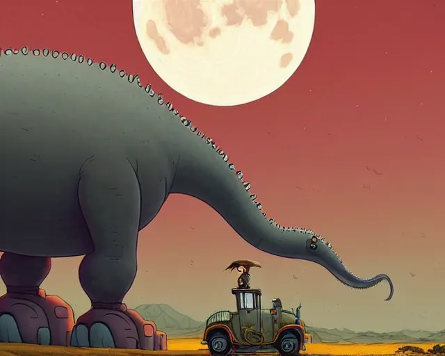 Image similar to a cell shaded cartoon giant grey lovecraftian mechanized brontosaurus from howl's moving castle ( 2 0 0 4 ), with a big head, on a desert road, wide shot, in front of a big moon, muted colors, post grunge, josan gonzales, wlop, by james jean, victor ngai, hq, deviantart, art by artgem