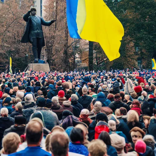 Image similar to a crowd of people with ukrainian flags throw down a statue of vladimir lenin, leica sl 2 5 0 mm, vivid color, high quality, high textured, real life