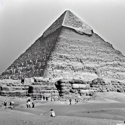 Prompt: great pyramid of giza at ancient times, the pyramid is covered with white marble, the pyramind has a golden tip, ancient egypt,
