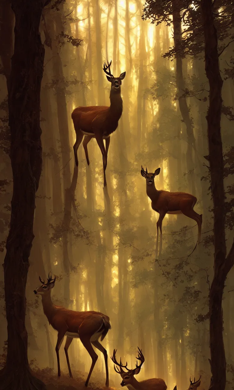 Image similar to Deer in Sherwood Forest, full frame, highly detailed, digital painting, artstation, concept art, smooth, sharp focus, illustration, art greg rutkowski and alphonse mucha