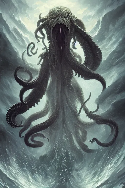 Image similar to cthulhu, eldritch, cosmic, nightmare, ocean, storm, digital art, magic the gathering, mtg, by greg rutkowski, trending on artstation