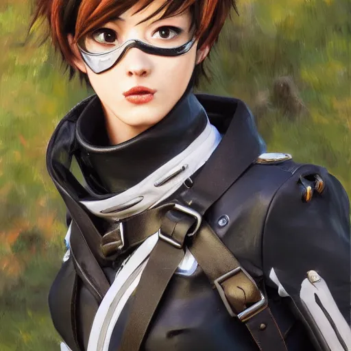 Image similar to oil painting of tracer overwatch in a field wearing very large black leather belt choker collar around neck, in style of mark arian, expressive face, very detailed face, very detailed eyes, belt around neck, full body, feminine face, tracer overwatch,