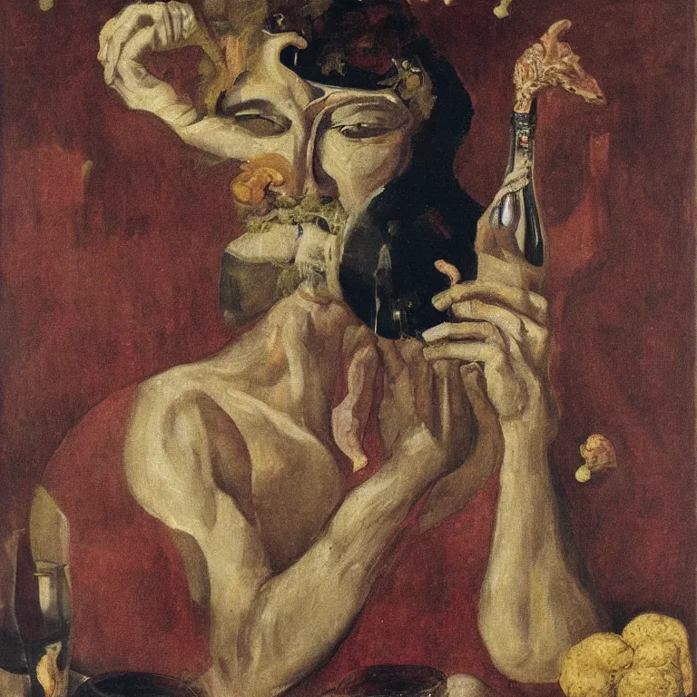 Image similar to raw, unsettling portrait of Dionysus, the Greek god of wine, drinking to forget his heartbreak by 20th-century artist Francis Bacon