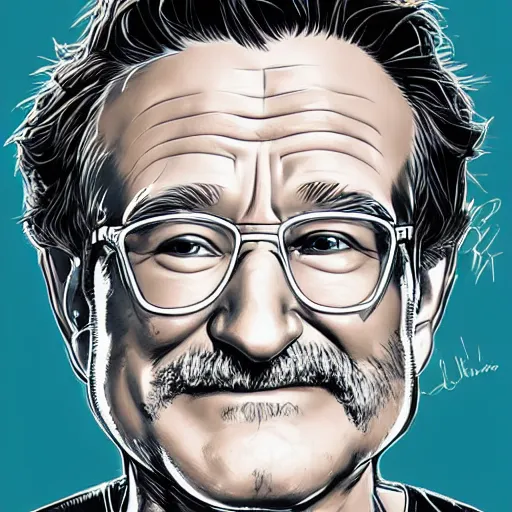 Image similar to a study of cell shaded portrait of Robin Williams concept art, llustration, post grunge, concept art by josan gonzales and wlop, by james jean, Victo ngai, David Rubín, Mike Mignola, Laurie Greasley, highly detailed, sharp focus, alien, Trending on Artstation, HQ, deviantart, art by artgem