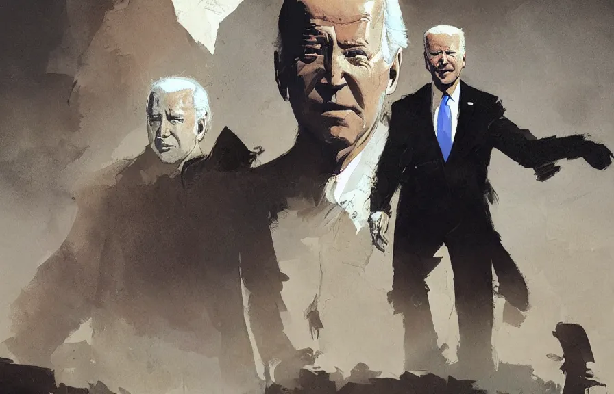 Image similar to Joe Biden casts a long shadow, by Greg Rutkowski and Dave McKean,