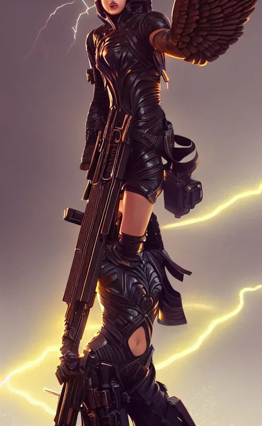 Image similar to full body portrait of a female fantasy angel with a shotgun surrounded by lightning, smooth and sharp, trending on artstation, fine details, elegant, dynamic pose, detailed and intricate environment, professional by tatyana kupriyanova and greg rutkowski and raymond swanland