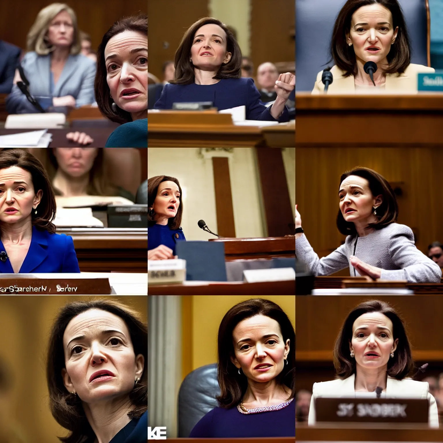 Prompt: Movie still of a snarling, disrespectful Sheryl Sandberg testifying in Congress in Facebook The Movie (2017), directed by Steven Spielberg