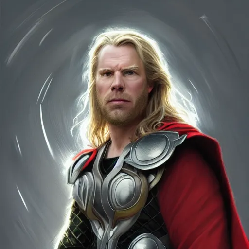 Image similar to portrait of Michael McKean as Thor, elegant, intricate, headshot, highly detailed, digital painting, artstation, concept art, sharp focus, illustration, art by artgerm and greg rutkowski and alphonse mucha