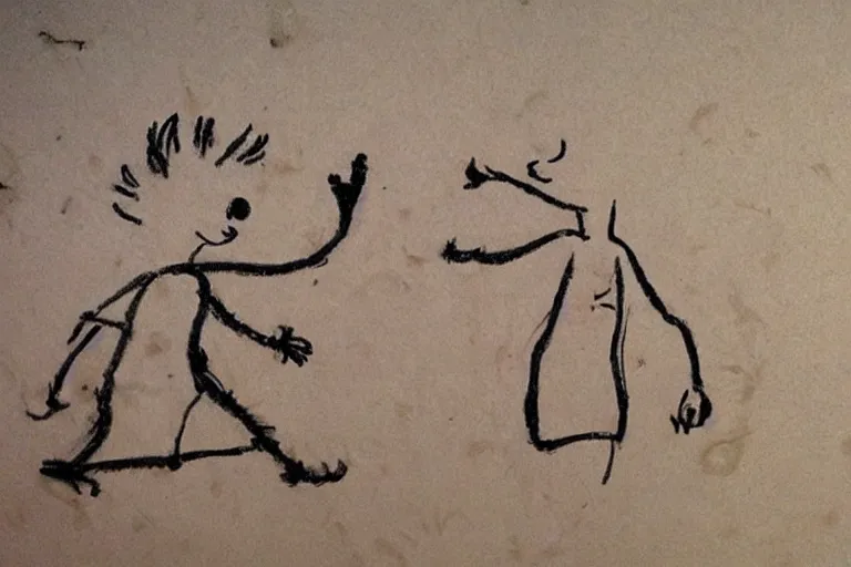 Image similar to calvin and hobbes in cave painting style