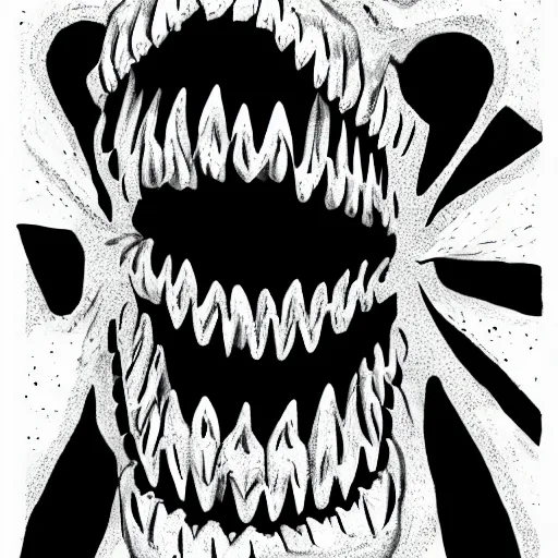 Prompt: A giant maw with infinite teeth devouring a star. Ink art. Sharp. Jagged. Monochromatic