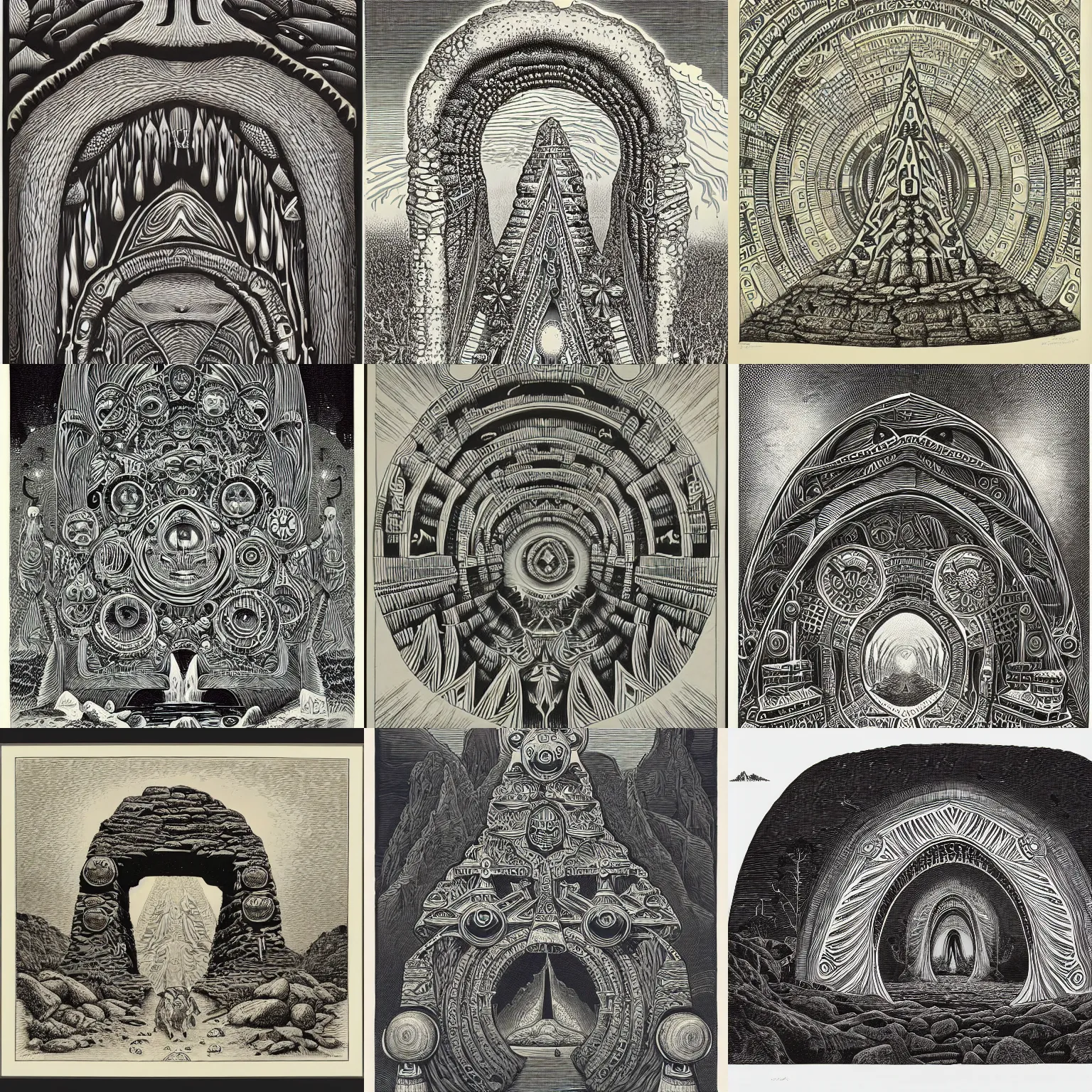 Prompt: a a spiritual selknam stone arch, engraving, by joe fenton, aboriginal, symmetrically centered