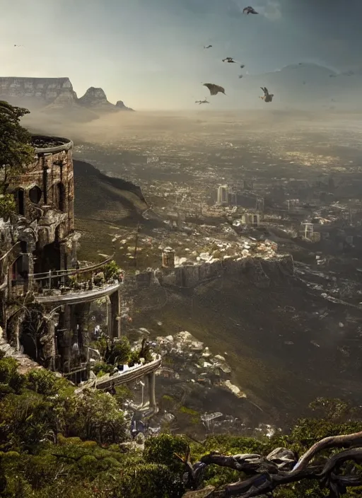 Prompt: chtulu attacking cape town city, table mountain, dense foliage beautiful details, strong composition by kim jung giu weta studio rutkowski, james gurney and greg rutkowski, and lucasfilm