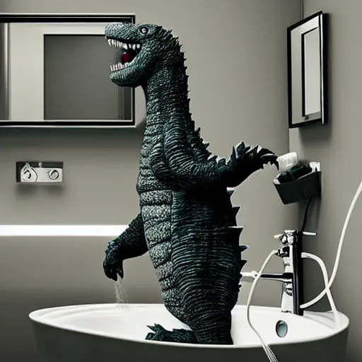 Image similar to godzilla brushing his teeth in the bathroom, electric toothbrush, crest toothpaste