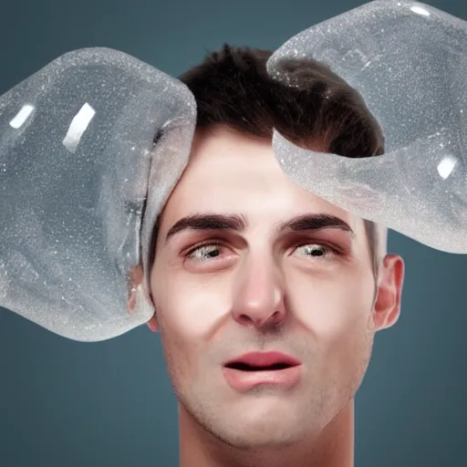 Image similar to portrait of a man who's face is made of bubble wrap plastic, he looks terrified, realistic photoshop