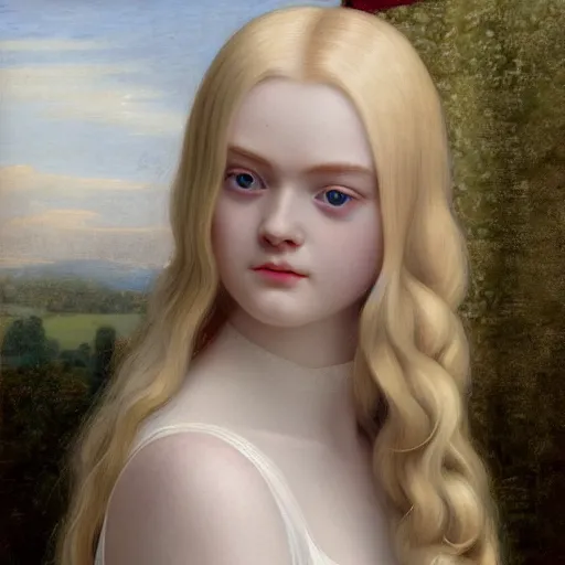 Image similar to Painting of Elle Fanning with an eyepatch and robot arm, long blonde hair, delicate, pale milky white porcelain skin, by Edmund Leighton. 8K. Extremely detailed.