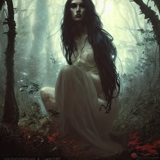 Prompt: portrait of a dark mage in a forest, dark fantasy, elegant, intricate, face, medium shot, volumetric light, by Fernanda Suarez, Stanley Artgerm Lau, greg rutkowski, thomas kindkade, alphonse mucha, loish, norman Rockwell