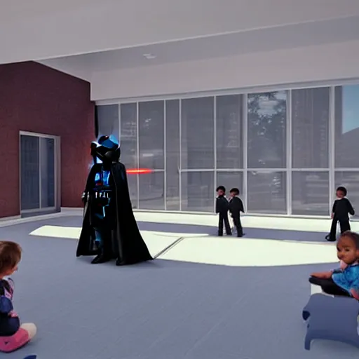 Prompt: “Darth Vader in school room with kids, movie scene, ultra realistic, rendered with unreal 5 engine”