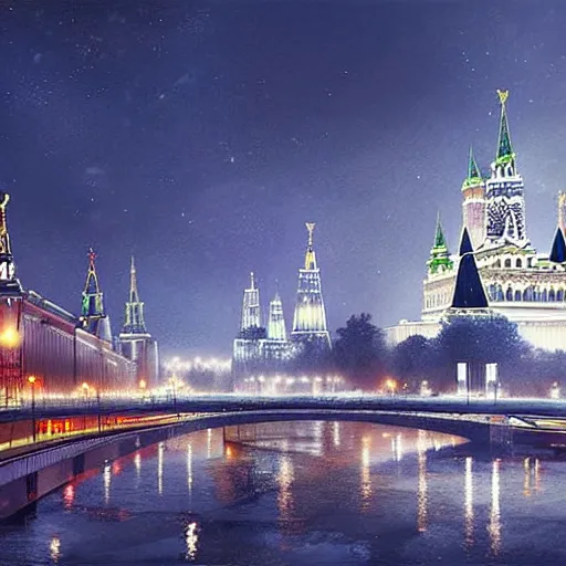 Image similar to a beautiful highly detailed matte painting of a night at Moscow city, by Jose Daniel Cabrera Pena and Leonid Kozienko concept art by Tooth Wuan