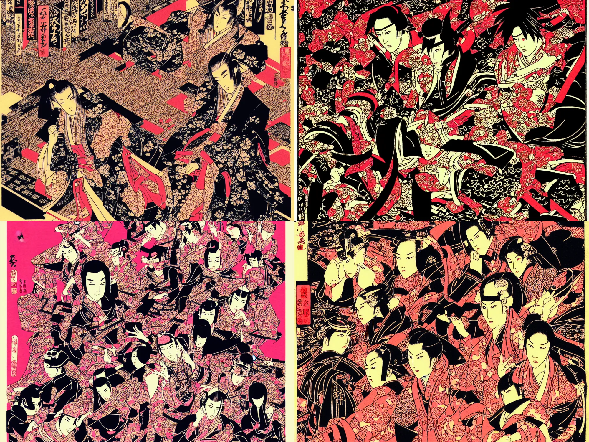 Image similar to japanese cyberpunk silk screen by utagawa yoshiiku, ohara koson, pixiv contest winner, cyberpunk style, cyberpunk color scheme, japanpunk, ( ( neon ) )