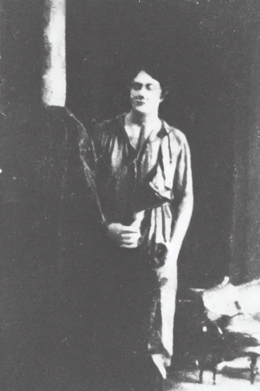 Prompt: vintage photo of a young aleister crowley in an underground occult night club