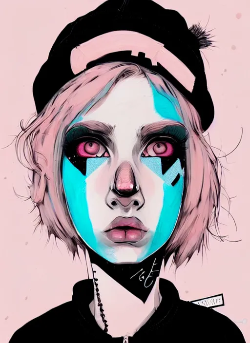 Image similar to highly detailed portrait of a swedish sewer punk lady student, blue eyes, tartan hoody, hat, white hair by atey ghailan, by greg tocchini, by kaethe butcher, gradient pink, black, brown, cream and light blue color scheme, grunge aesthetic!!! ( ( graffiti tag wall white background ) )