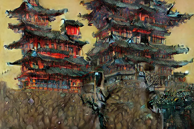 Image similar to cyberpunk chinese ancient castle, fantasy, painting by Gustav Klimt, greg rutkowski and alphonse mucha