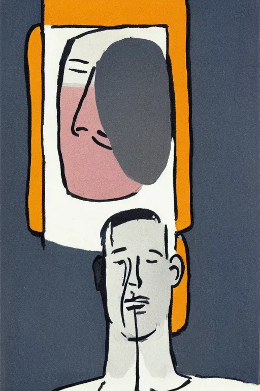 Image similar to man looking into a mirror, 1960’s minimalist advertising illustration, painterly, expressive brush strokes