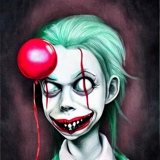 Prompt: grunge painting of a billie eilish with a wide smile and a red balloon by tim burton, loony toons style, pennywise style, corpse bride style, rick and morty style, creepy lighting, horror theme, detailed, elegant, intricate, conceptual, volumetric light