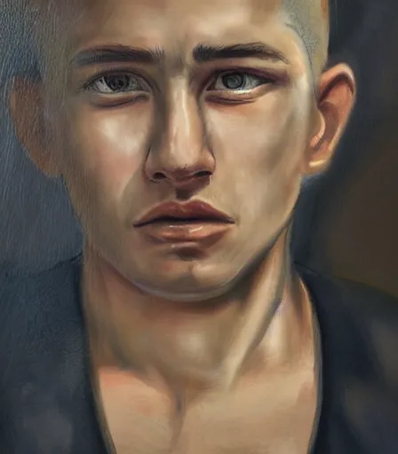 Image similar to high quality, high detail, portrait of a handsome non binary criminal lost in thought, by avigdor arikha, intense, moody