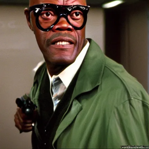 Image similar to Samuel L. Jackson as Ruby Rod from The Firth Element movie, 9 to 5, super green, bzzzzz!