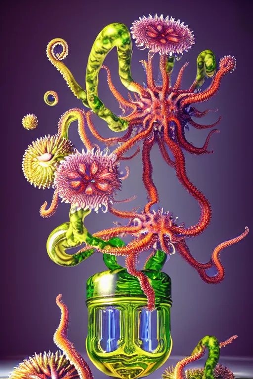 Image similar to ultradetailed flash photo of reailistic still life with jelly flowers by ernst haeckel, amano, caravaggio, roger dean and andrei tarkovsky, lovecraftian horror, slime, tentalces, wide angle, cinematic, octane render, bokeh, unreal engine, 4k 3d render