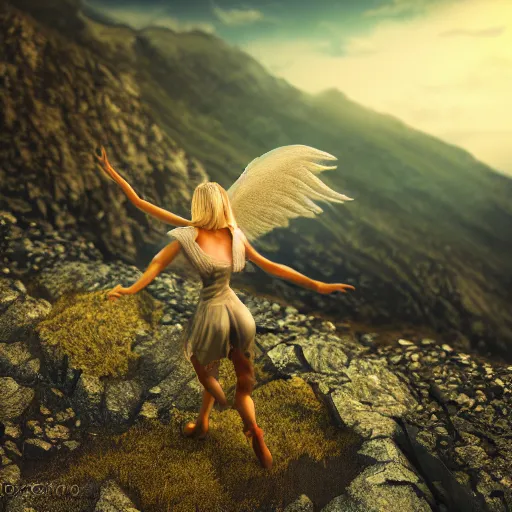 Prompt: very pretty blond female angel with large wings landing on a mountain top, shallow depth of field, moody lighting, 8 k, concept art, wide angle,