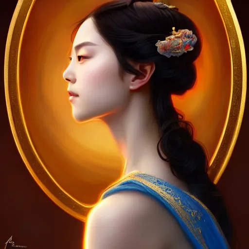 Image similar to ‘ a full portrait of elegant Chinese princess, D&D, blue eyes, fire hair, fantasy, intricate, elegant, highly detailed, digital painting, artstation, concept art, smooth, sharp focus, illustration, art by artgerm and greg rutkowski and alphonse mucha’