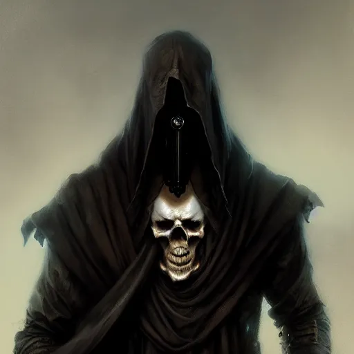 Prompt: skull face reaper, character portrait, sharp, digital matte painting, art by luis royo, greg rutkowski, wlop, dramatic lighting, trending on artstation