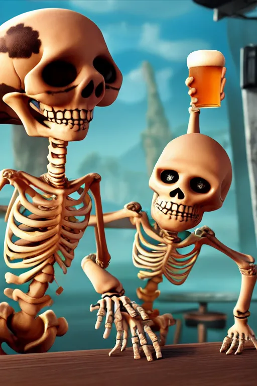 Prompt: two skeletons drink beer in a bar, ultra hd, design by Mark Ryden and Pixar and Hayao Miyazaki, unreal 5, DAZ, hyperrealistic, octane render, dynamic lighting, intricate detail, summer vibrancy, cinematic