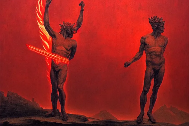 Image similar to only with red, a red melted apollo with a laurel wreath and a flaming sword announce the win, athens in the background, in the style of beksinski, part by hopper, part by rodcenko, part by hofbauer, intricate composition, red by caravaggio, insanely quality, highly detailed, masterpiece, red light, artstation