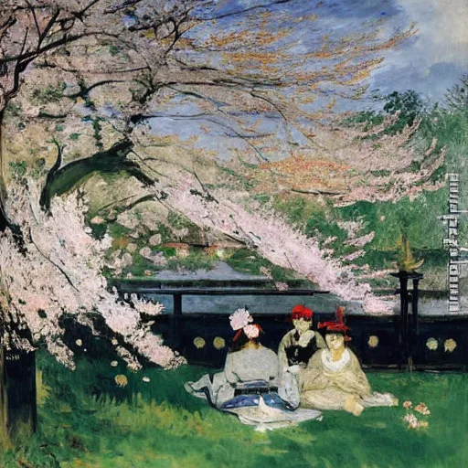 Image similar to ultradetailed ornamental shrine surrounded by cherry blossom trees, wet and rainy, painting by edouard manet