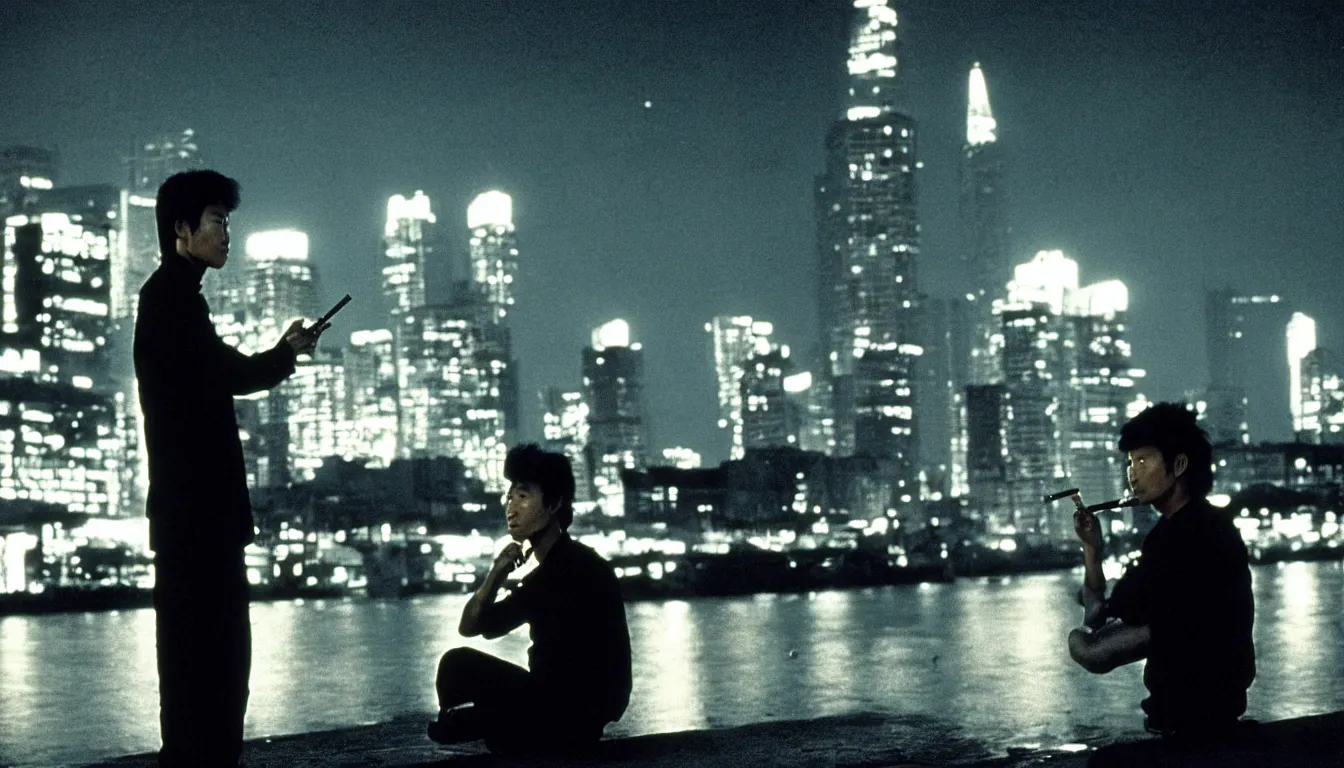 Image similar to 80s asian neon movie still with a man smoking cigarette by the river at night with city lights behind his back. Fallen angels movie still. hyperrealistic, high definition, medium format photography, highly detailed, tehnicolor