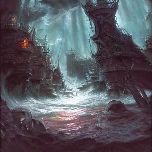 Image similar to drowned bandit lair, fantasy art