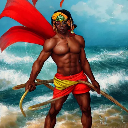 Image similar to Jamaican fisherman wearing calico cloth and posing in a battle stance in the Jamaican sea, style by Ross Tran and Artgerm and Peter Mohrbacher