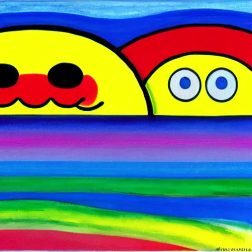 Image similar to clouds with rainbow colors, smiley faces, Edvard Munch, David Hockney, Takashi Murakami, Minimalist,