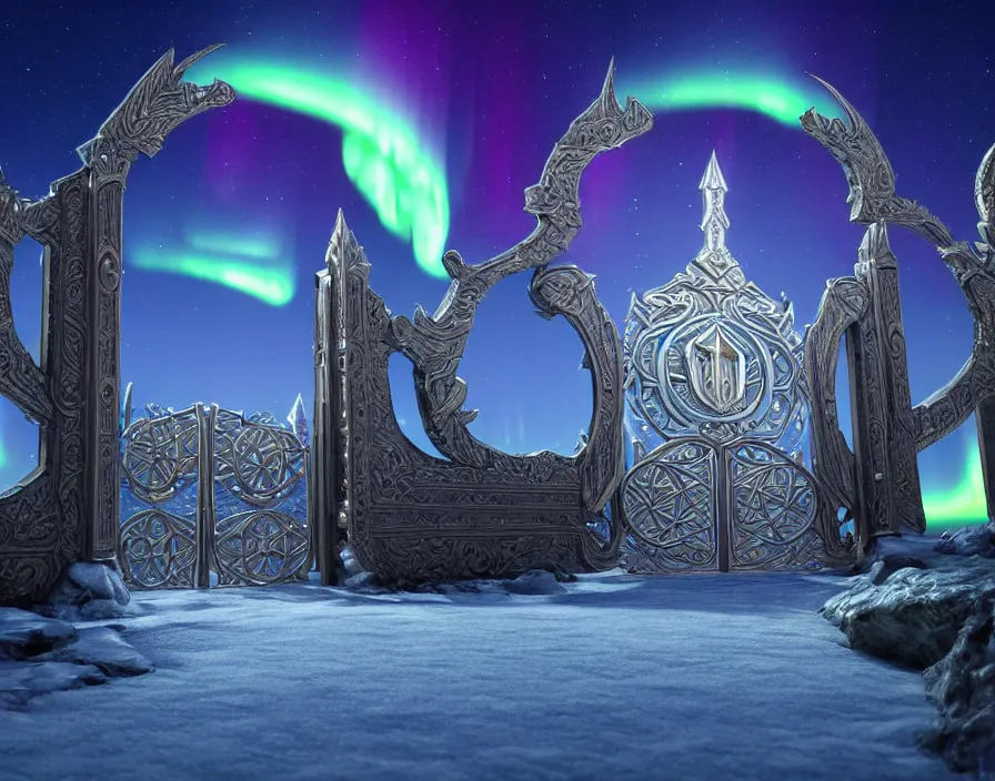 Image similar to a very detailed concept art of intricate and well designed asgard gates to north pole, infused with aurora borealis, dynamic lighting, trending on artstation, path traced, highly detailed, high quality, digital art, 4 k, hyper realistic, octane render, sharp focus