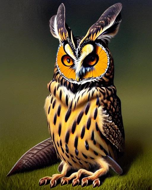 Image similar to an extremely detailed masterpiece painting of a long - eared owl on ground with mouse in it's claws, in the style of brian froud, brian despain, brian bolland, digital art, unreal engine, volumetric lighting, dark moody lighting, trending on artstation, photorealistic, epic scene