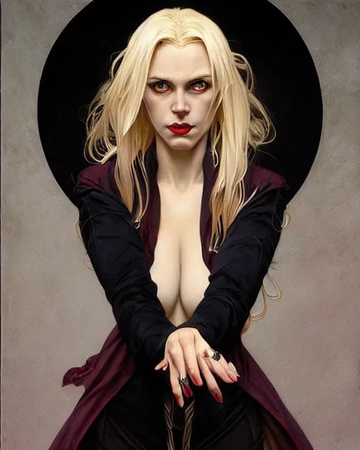 Image similar to portrait of a blonde vampire, dark, piercing eyes, gentle expression, elegant clothing, photorealistic, highly detailed, artstation, smooth, sharp focus, art by michael whelan, artgerm, greg rutkowski and alphonse mucha