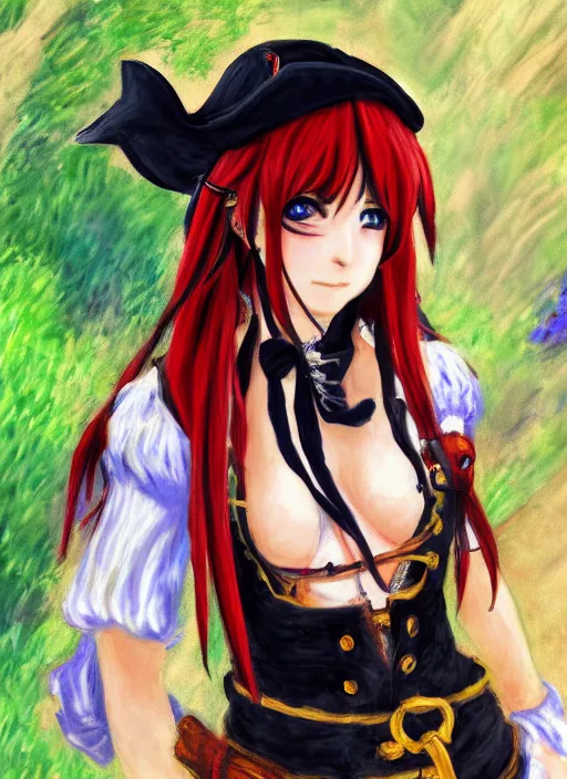 Image similar to a portrait of a female pirate, an in character outfit, very anime in impressionist style, anime trending artwork, 4 k, anime painter studio, by claude monet