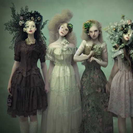 Image similar to 8k, octane render, realism, tonalism, rococo, renaissance, baroque, group of creepy young ladies wearing long harajuku manga dress with flowers and skulls, background chaotic flowers