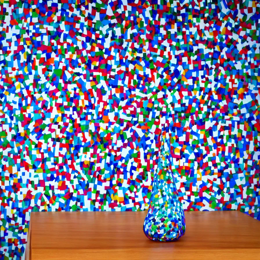 Image similar to beautiful gallery show studio photograph of a giant ceramic sculpture of a cola bottle, glazed by bridget riley and victor vasarely, placed on a polished wooden table, hyperrealism 8 k trending on artstation