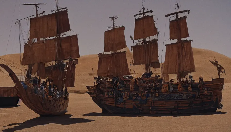 Prompt: movie still by alejandro jodorowsky of a pirate ship in the desert, cinestill 8 0 0 t eastmancolor technicolor, high quality, very detailed, heavy grain, fine facial features, 8 k, octane render