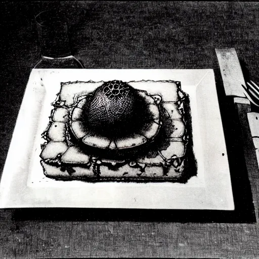 Image similar to aspic on plate, product shot by beksinski, bernie wrightson, trending on artstation, optical illusion, horror film, creepypasta